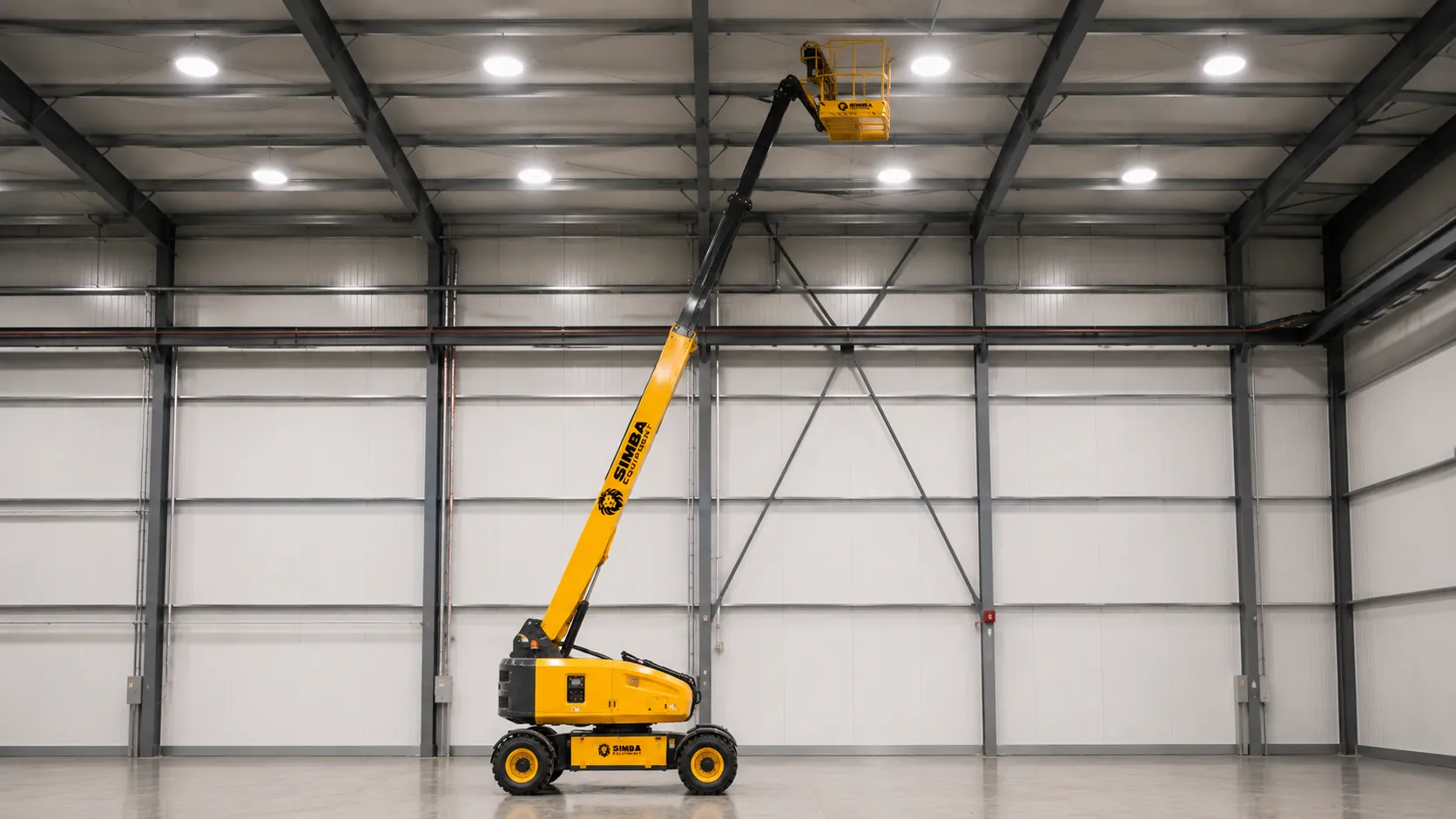 Curved arm aerial work platform boom extended