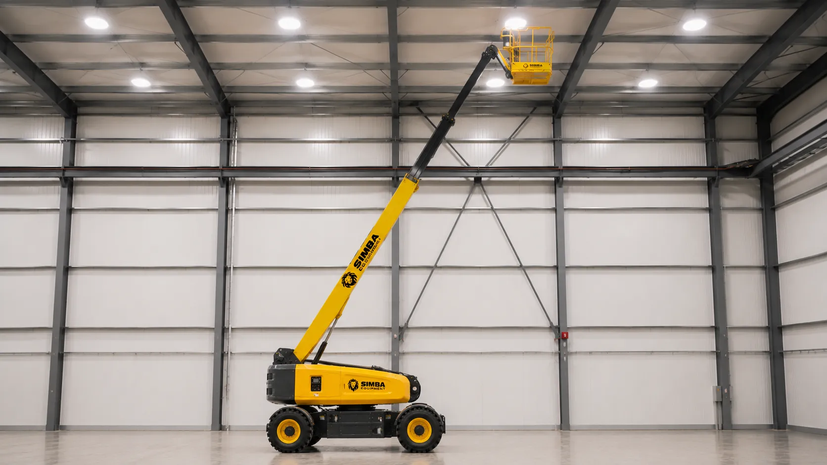 Self-propelled aerial work platform with boom extended on job site