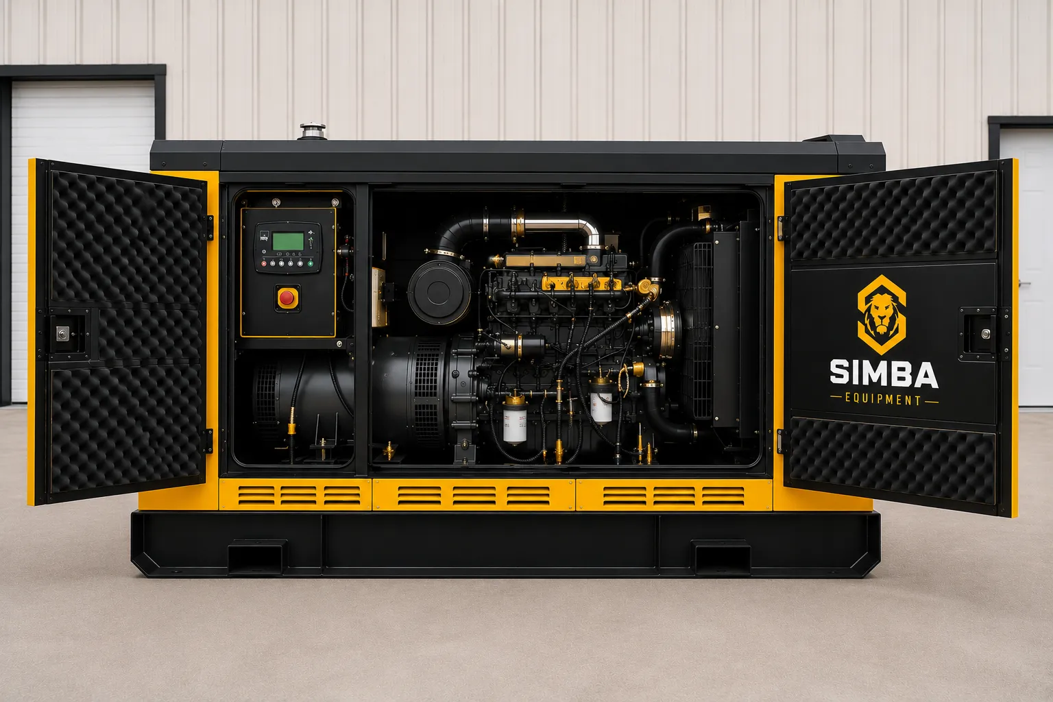 Silent generator 30kW to 150kW doors open view