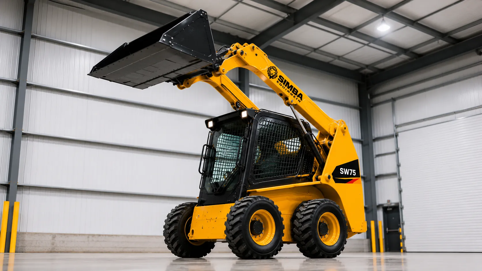 Wheeled skid steer loader bucket raised