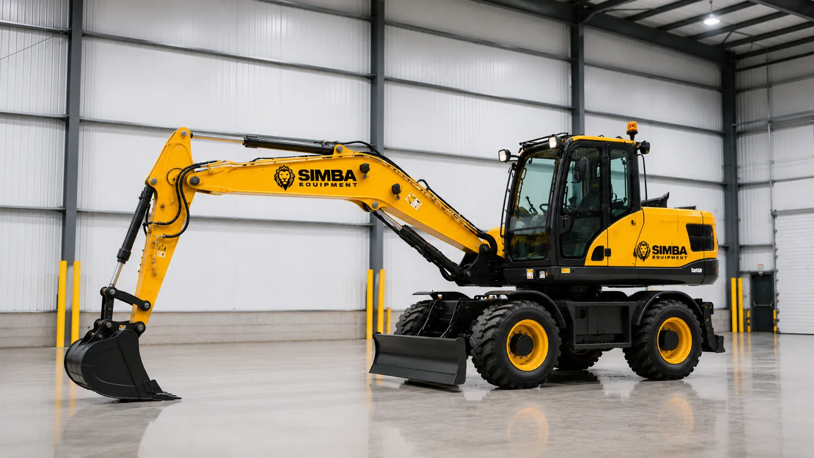 Wheeled excavator digging on a job site