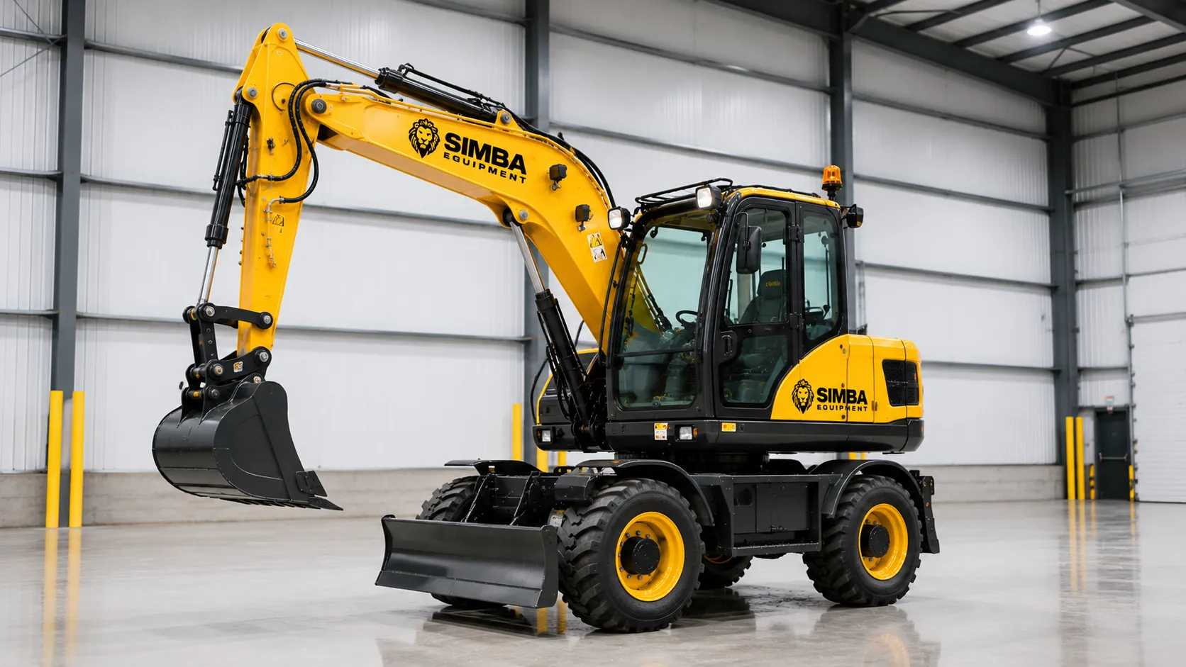 Wheeled excavator front quarter view