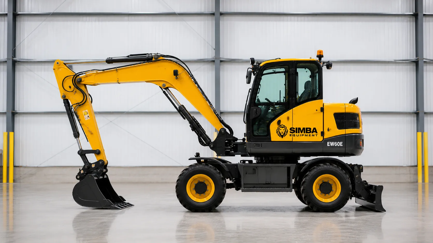 Wheeled excavator side profile view